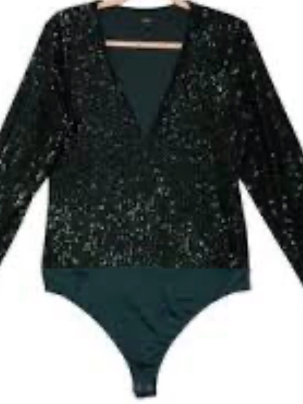 Express Long Sleeve Deep V-Neck Emerald Green Sequin Bodysuit